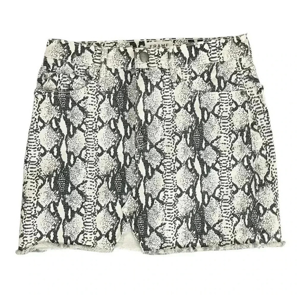 FRAME Snakeskin Print Denim Mini Skirt Black Multi Frayed Hem Size 26 - Picture 9 of 9